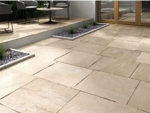 Marshalls Indian Sandstone Riven Buff Multi Paving Slab 600 x 600 x 22 mm