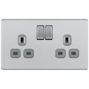 BG Screwless Flatplate Brushed Steel Double Switched 13A Power Socket Double Pole
