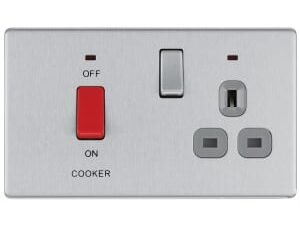 BG Screwless Flat Plate 45 Amp Cooker Control Unit with Switched 13 Amp Power Socket Includes Power Indicators - Brushed Steel