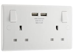 BG Slimline 13A 2 Gang Double White Switched Power Socket with 2 x USB 3.1A