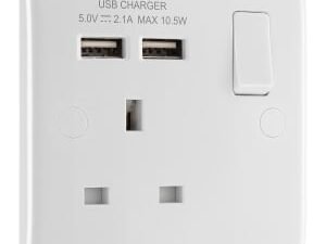 BG Slimline 13A Single 1 Gang White Switched Power Socket with 2 x USB 2.1A