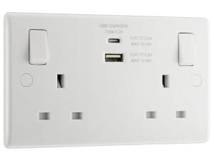 BG Slimline 13A Double 2 Gang White Switched Power Socket with USB A & USB C 4.2A