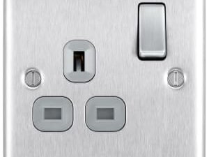 BG 13A Screwed Raised Plate Single Switched Power Socket Double Pole -Brushed Steel