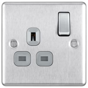 BG 13A Screwed Raised Plate Single Switched Power Socket Double Pole -Brushed Steel