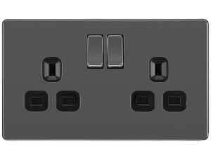 BG 13A Screwless Flat Plate Double Switched Power Socket Double Pole - Black Nickel