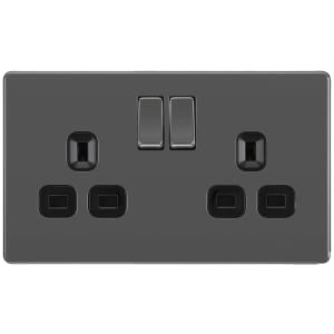 BG 13A Screwless Flat Plate Double Switched Power Socket Double Pole – Black Nickel
