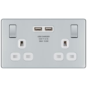 BG 13A Screwless Flat Plate Double Switched Power Socket + 2X Usb Sockets 2.1A – Polished Chrome