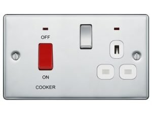 BG 45 Amp Screwed Raised Plate Cooker Control Unit with Switched 13 Amp Power Socket Includes Power Indicators - Polished Chrome