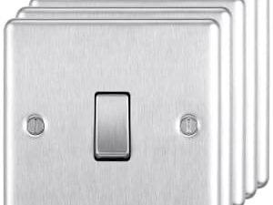 BG 10 Amp Screwed Raised Plate Single Switch 2 Way 5 Pack - Brushed Steel
