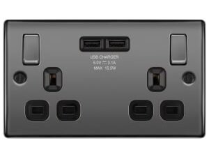 BG 13A Screwed Raised Plate Double Switched Power Socket + 2 X Usb Sockets 2.1A - Black Nickel