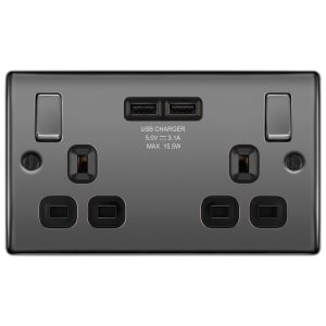 BG 13A Screwed Raised Plate Double Switched Power Socket + 2 X Usb Sockets 2.1A – Black Nickel