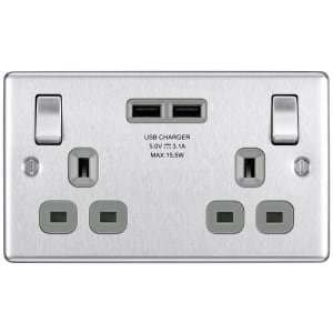 BG 13A Screwed Raised Plate Double Switched Power Socket + 2 X Usb Sockets 2.1A – Brushed Steel