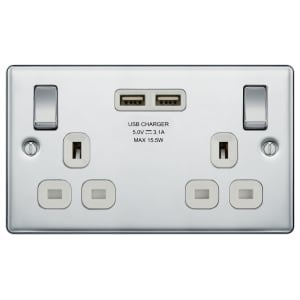 BG 13A Screwed Raised Plate Double Switched Power Socket + 2X Usb Sockets 2.1A – Polished Chrome