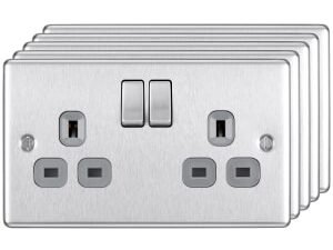 BG 13A Screwed Raised Plate Double Switched Power Socket Double Pole 5 Pack - Brushed Steel