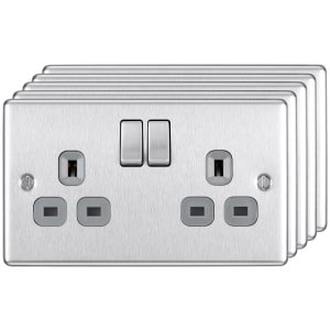 BG 13A Screwed Raised Plate Double Switched Power Socket Double Pole 5 Pack – Brushed Steel