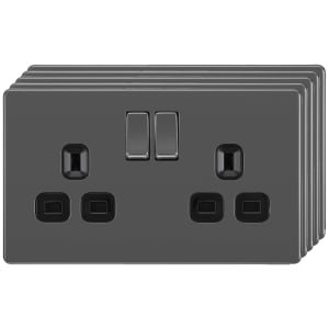 BG 13A Screwless Flat Plate Double Switched Power Socket Double Pole 5 Pack – Black Nickel