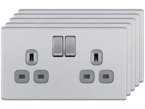 BG 13A Screwless Flat Plate Double Switched Power Socket Double Pole 5 Pack - Brushed Steel