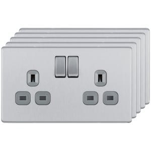 BG 13A Screwless Flat Plate Double Switched Power Socket Double Pole 5 Pack – Brushed Steel