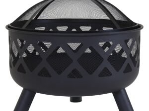 Charles Bentley Large Round Metal Outdoor Fire Pit with Mesh Cover - Black