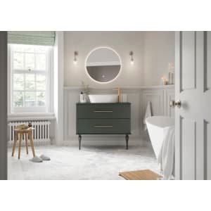 Duarti by Calypso Kentchurch Juniper Green Vanity with Hanbury Countertop Basin, 200mm Legs, Worktop & Brass Handles – 1000mm
