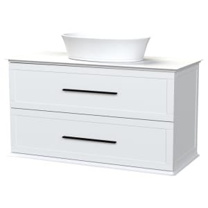 Duarti by Calypso Kentchurch Glacier White Wall Hung Vanity with Hanbury Countertop Basin, Worktop & Black Handles – 1000mm