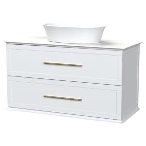 Duarti by Calypso Kentchurch Glacier White Wall Hung Vanity with Hanbury Countertop Basin, Worktop & Brass Handles – 1000mm