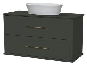 Duarti by Calypso Kentchurch Juniper Green Wall Hung Vanity with Hanbury Countertop Basin, Worktop & Brass Handles - 1000mm
