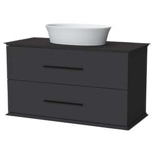 Duarti by Calypso Kentchurch Strata Grey Wall Hung Vanity with Hanbury Countertop Basin, Worktop & Black Handles – 1000mm