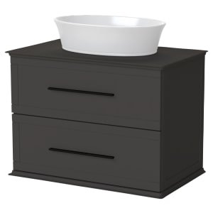 Duarti by Calypso Kentchurch Strata Grey Wall Hung Vanity with Hanbury Countertop Basin, Worktop & Black Handles – 750mm