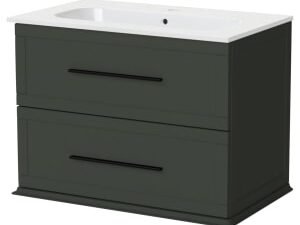 Duarti by Calypso Kentchurch Juniper Green Wall Hung Vanity with Farley Recessed Basin & Black Handles - 750mm