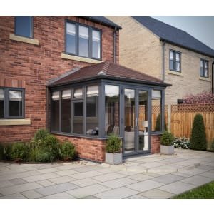 SOLid Roof Edwardian Conservatory Grey Frames Dwarf Wall with Rustic Brown Tiles – 10 x 10ft