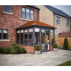 SOLid Roof Edwardian Conservatory Grey Frames Dwarf Wall with Rustic Terracotta Tiles – 13 x 13ft