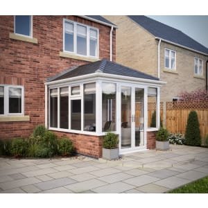 SOLid Roof Edwardian Conservatory White Frames Dwarf Wall with Titanium Grey Tiles – 13 x 10ft