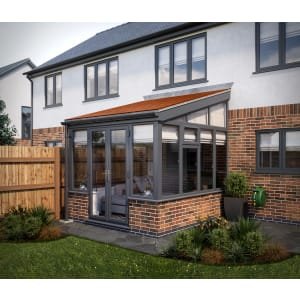 SOLid Roof Lean to Conservatory Grey Frames Dwarf Wall with Rustic Terracotta Tiles – 10 x 10ft