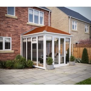 SOLid Roof Full Height Edwardian Conservatory White Frames with Rustic Terracotta Tiles – 13 x 13ft