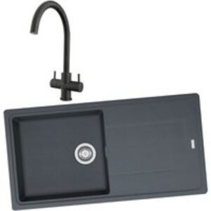 Franke Titan 1 Bowl Inset Graphite Grey Composite Kitchen SINK, Chantilly Sink Mixer Matt Black Tap and Basket Strainer Waste