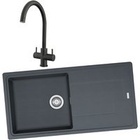 Franke Titan 1 Bowl Inset Graphite Grey Composite Kitchen SINK, Chantilly Sink Mixer Matt Black Tap and Basket Strainer Waste