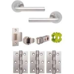 Jigtech JTB72225 Riva Round Rose Lever Handle Door Pack Satin Chrome (Includes 57mm Latch & 3xHinges)