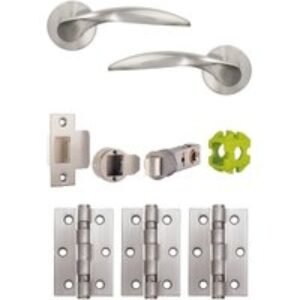 Jigtech JTB72200 Cresta Round Rose Lever Handle Door Pack Satin Chrome Plated (Includes 57mm Latch & 3xHinges)