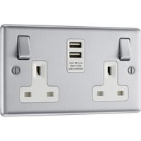 Bg Brushed Steel USB 13A White Insert Switched Socket 2 Gang + 2 USB 3.1A
