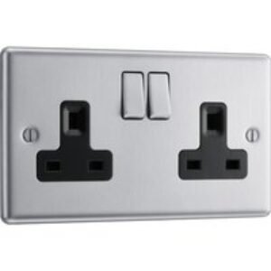 Bg Brushed Steel 13A Dp Black Insert Switched Socket 2 Gang