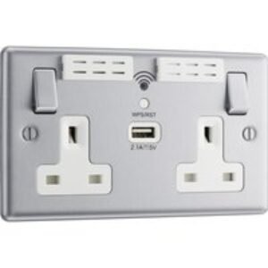 Bg Brushed Steel 13A White Insert Wifi Extender & USB Socket 2 Gang + 1 USB 2.1A