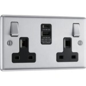 Bg Brushed Steel 13A Black Insert Switched Socket + A & C Type USB 2 Gang + 2 USB 4.2A