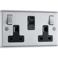 Bg Brushed Steel 13A Black Insert Switched Socket + A & C Type USB 2 Gang + 2 USB 4.2A