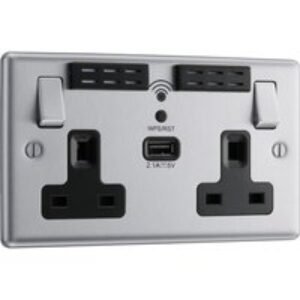 Bg Brushed Steel 13A Black Insert Wifi Extender & USB Socket 2 Gang + 1 USB 2.1A