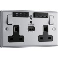 Bg Brushed Steel 13A Black Insert Wifi Extender & USB Socket 2 Gang + 1 USB 2.1A
