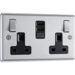 Bg Brushed Steel USB 13A Black Insert Switched Socket 2 Gang + 2 USB 3.1A
