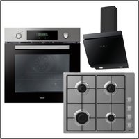 Neue 994581 Multifunction Pyrolytic OVEN, Gas Hob and Glass Angled Hood Pack