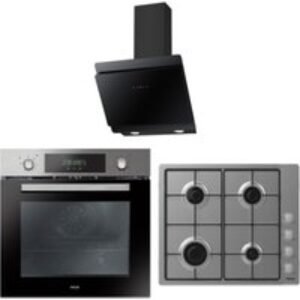 Neue Fan Oven + Timer / Gas Hob & Black Glass Angled Hood Pack S0NAPM193PK0060